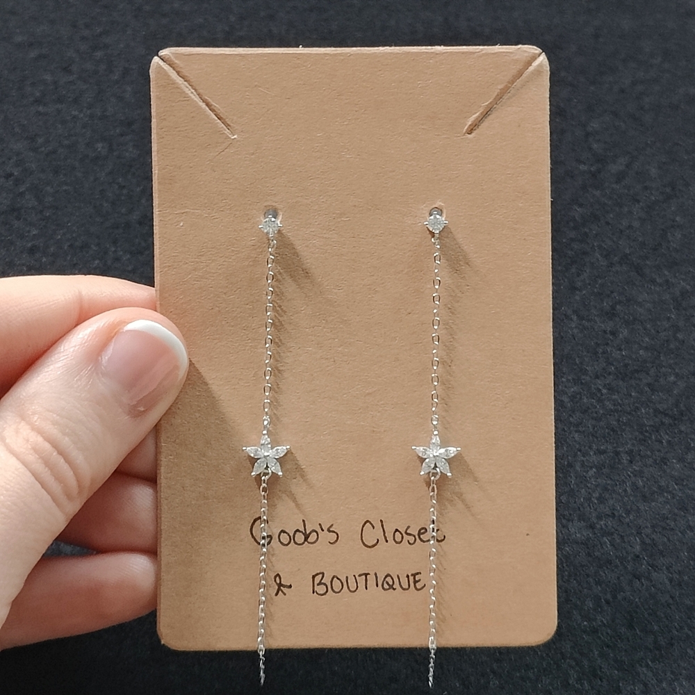NEW 14K WHITE GP S925 SILVER ZIRCON FLOWER TASSEL EARRINGS